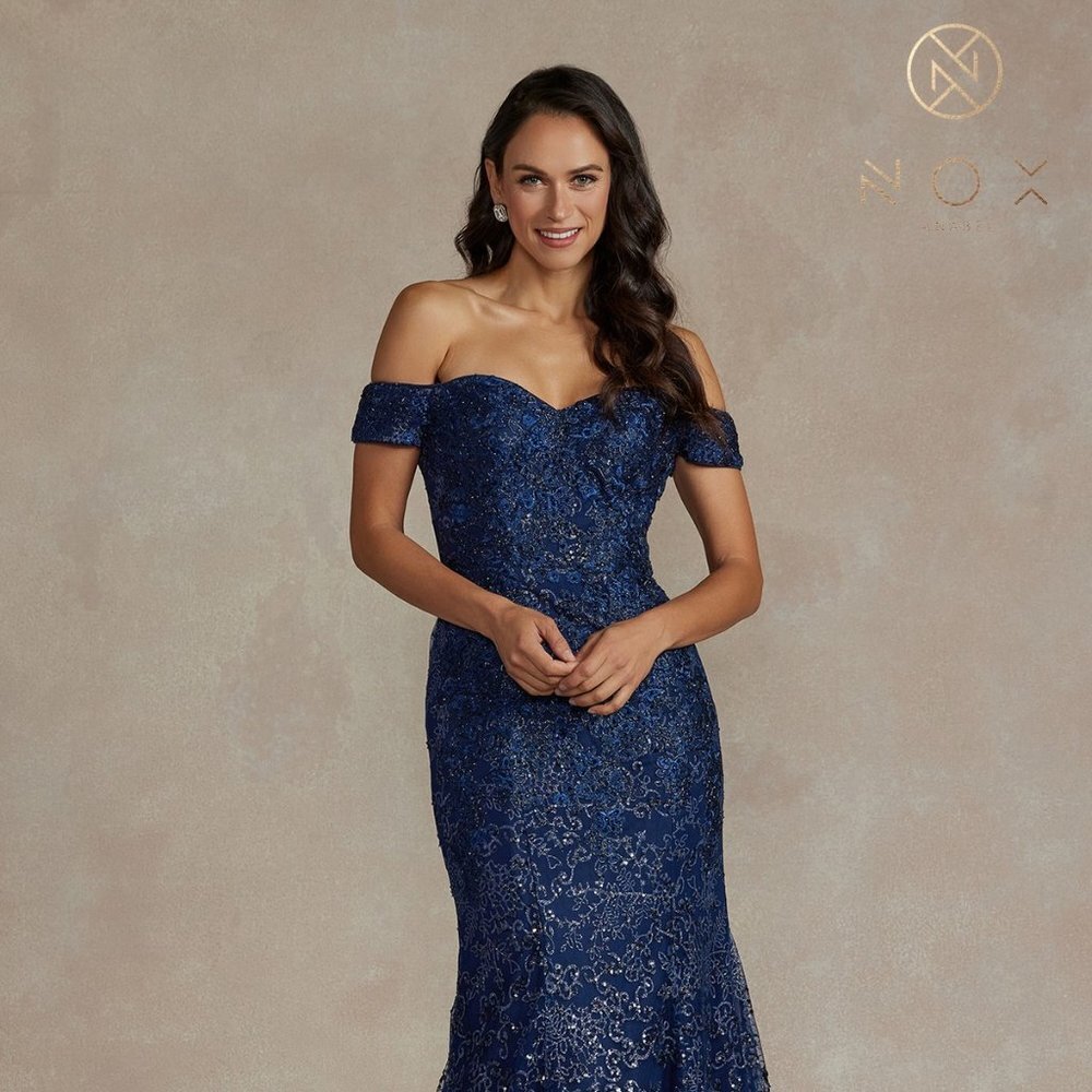 NEW LONG OFF THE SHOULDER SLEEVELESS EMBROIDERED DRESS WITH ZIPPER BACK NX JQ502